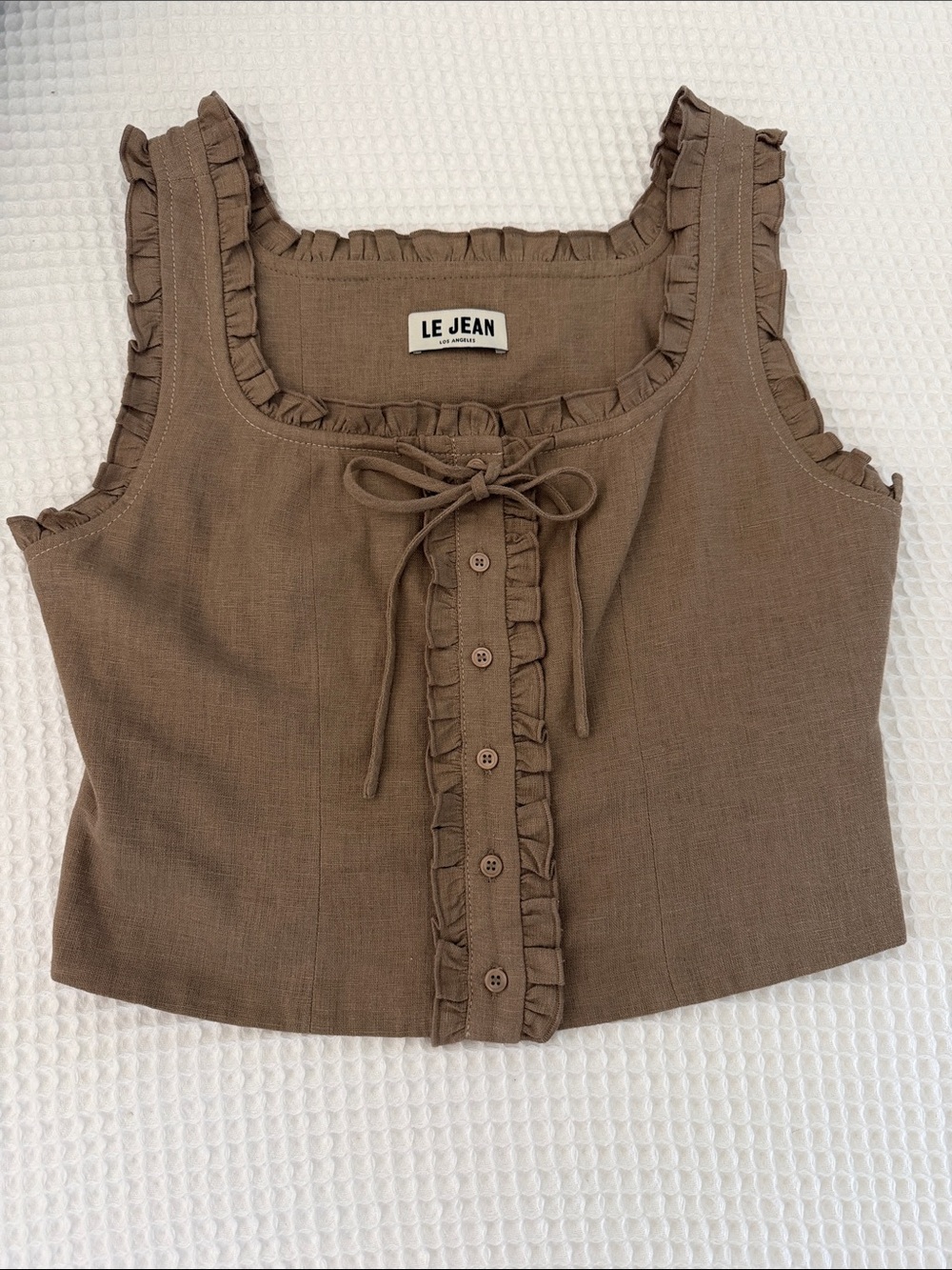 LE JEAN Brown Ruffle-Trim Tie Front Crop Top